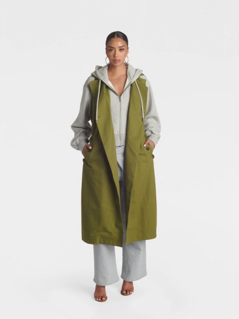 Long Olive Hooded Sleeveless Coat Vest